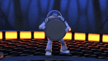 buzz lightyear from toy story is standing in a dark room holding a shield