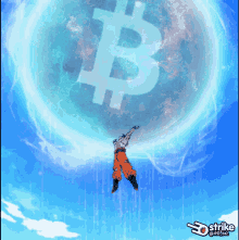 a picture of a man holding a sphere with a bitcoin symbol on it