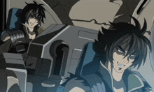 a couple of anime characters sitting next to each other in a chair