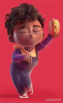 a cartoon character is holding a hamburger in his hand and dancing .