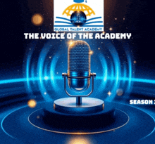 a poster for the global talent academy shows a microphone on a stage