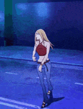 a cartoon girl is dancing in front of a building .