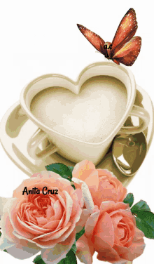 a cup of coffee in the shape of a heart with a butterfly on it