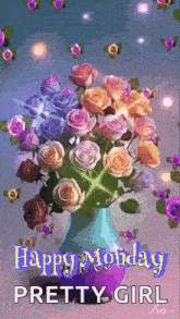 a vase filled with flowers and the words `` happy monday pretty girl ''