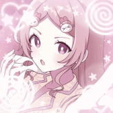 a girl with pink hair and purple eyes is surrounded by stars and hearts