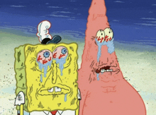 spongebob and patrick are standing next to each other with tears coming out of their eyes