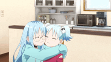 two anime girls hugging each other in a kitchen