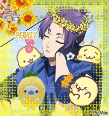 a picture of a boy with a flower crown on his head and the word pearly on the bottom right