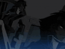 a cartoon character is sitting in a chair looking at another character