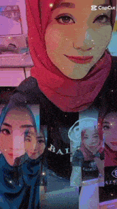 a woman wearing a red hijab and a balenciag shirt