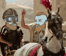 a cartoon of a man with a beard and a helmet standing next to a horse