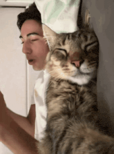 a cat is sleeping on a man 's shoulder