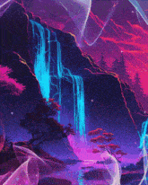 a painting of a waterfall with a person in front of it