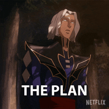 a cartoon of a man with the plan written on the bottom right