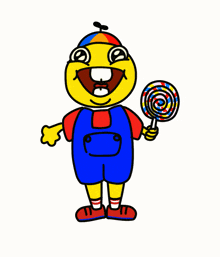 a cartoon character holding a colorful lollipop