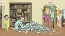 a group of cartoon characters including rick and morty are standing around a pile of broken dishes