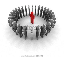 a group of people are standing in a circle with a red figure in the middle