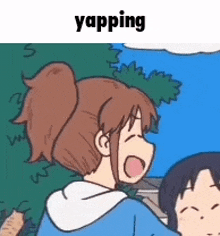 a cartoon of a girl with a ponytail and the word yapping above her