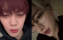 a close up of a person wearing glasses and a close up of a person with red hair