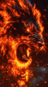 a lion is covered in flames with its mouth open and glowing red eyes .