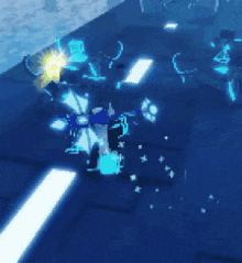 a person is flying through the air in a video game with a blue background and a lot of lights .