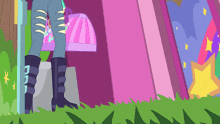 a cartoon character is standing in the grass with a purse