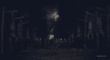 a black and white photo of a group of people hanging upside down in a dark forest