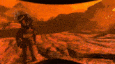 a man in a gas mask is standing in front of a fire .