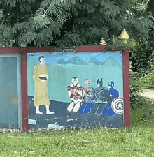 a painting of a man standing next to a group of superheros