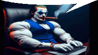 a man dressed as the joker is smoking a cigar while typing on a laptop
