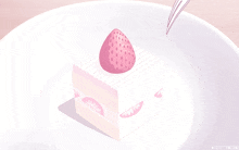 a piece of cake with a strawberry on top is being eaten by a fork