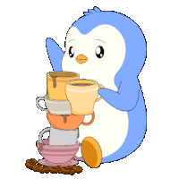 a penguin is holding a stack of cups of coffee