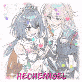 a drawing of a girl and a boy with the name hecheangel written in pink
