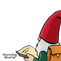 a gnome with a red hat is writing in a book