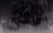 a robot is standing in the rain with a sword