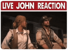 a man and a woman are standing next to each other under a sign that says live john reaction .
