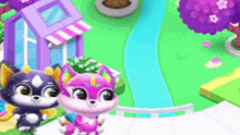 a couple of animals are standing next to each other on a sidewalk in a game .