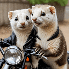 two ferrets are sitting on a motorcycle and one is wearing a leather jacket