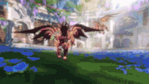 a painting of a dragon with wings standing in a field