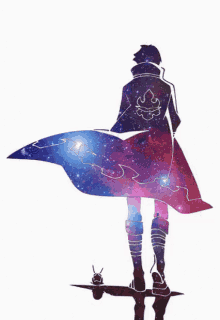 a silhouette of a man in a cape with a galaxy behind him
