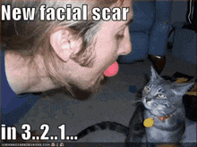 a cat is looking at a man with a new facial scar on his face