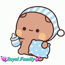 a cartoon of a baby bear holding a pillow and a bottle with the words royal family above him