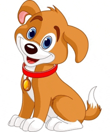 a cartoon dog wearing a red collar with a gold tag
