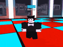 a cartoon character in a tuxedo and bow tie is standing on a dance floor