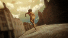 a naked man is running down a brick street in a city .