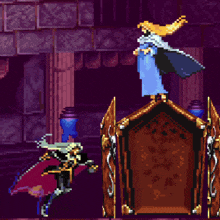 a pixel art drawing of a knight standing next to a chair