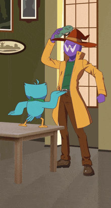a cartoon of a man and a bird with the letter w on their hats