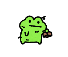 a green frog is holding a piece of wood and making a sad face .