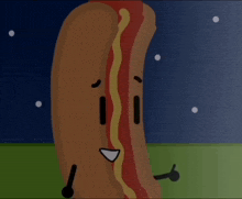 a cartoon drawing of a hot dog with a face