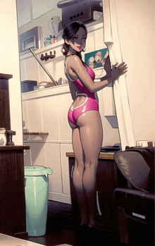 a woman in a pink bathing suit is standing in a kitchen
